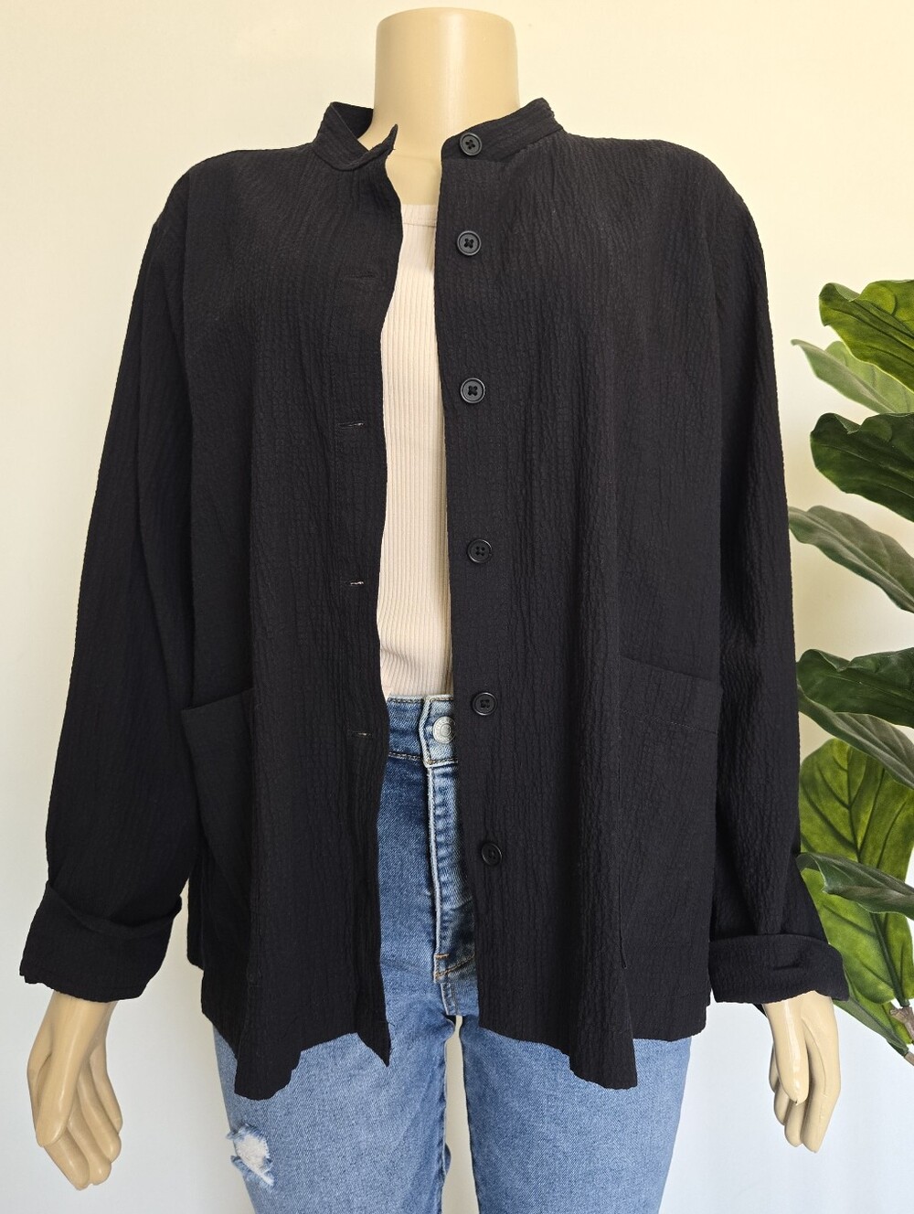 Eileen Fisher Organic Cotton Pucker Mandarin Collar Jacket Size XL Women's